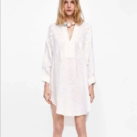 NWT Zara White Linen Jacquard Embroidered Tunic - Picture 1 of 16